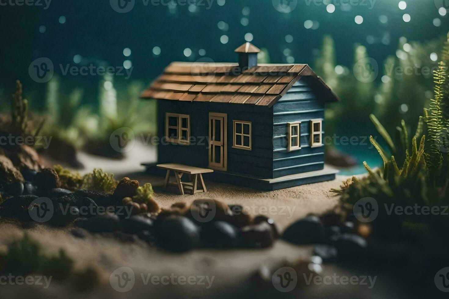 uma miniatura casa dentro a meio do a oceano. gerado por IA foto