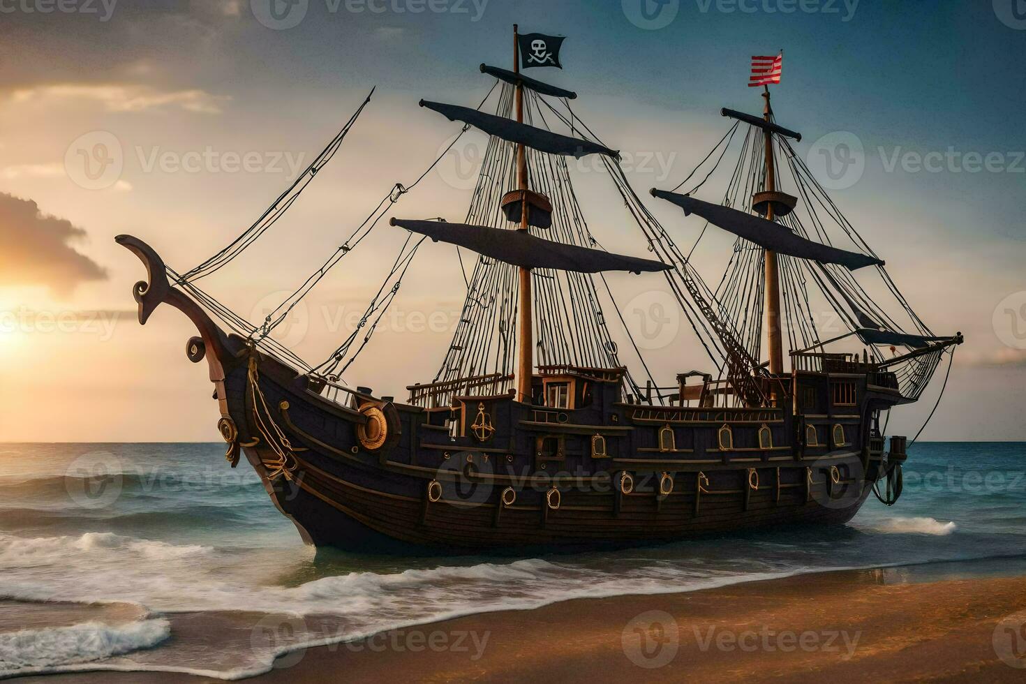 uma pirata navio em a de praia às pôr do sol. gerado por IA foto