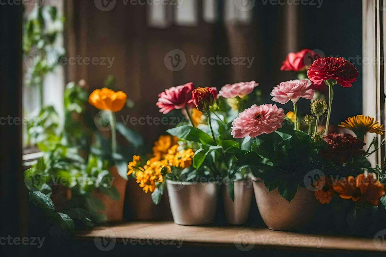 flores dentro panelas em uma peitoril da janela. gerado por IA foto