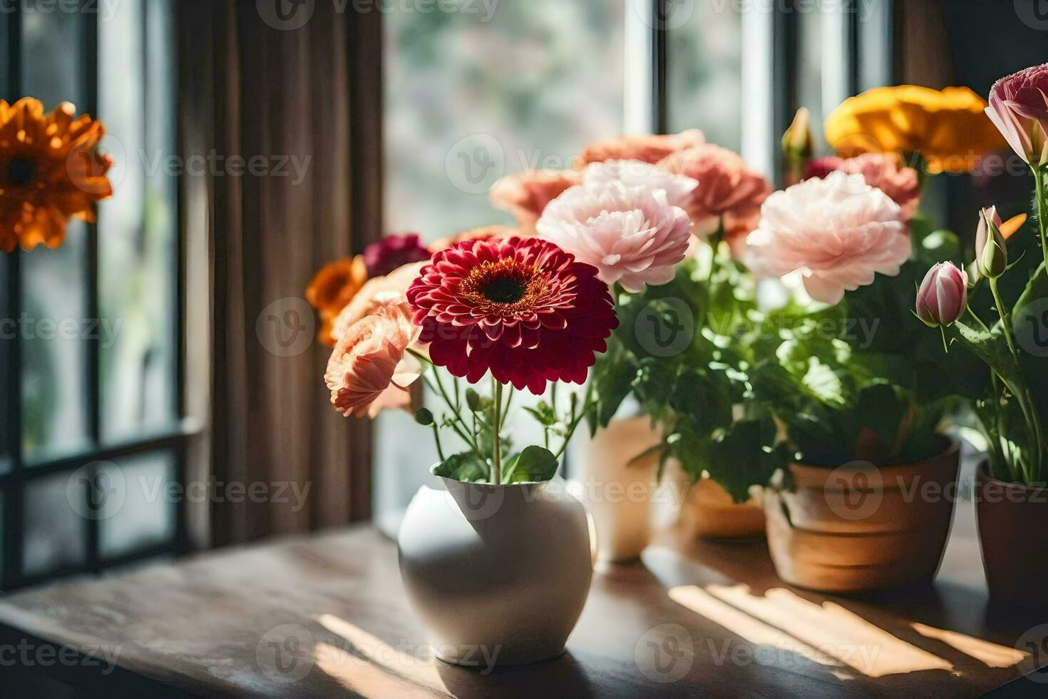 flores dentro vasos em uma mesa perto uma janela. gerado por IA foto