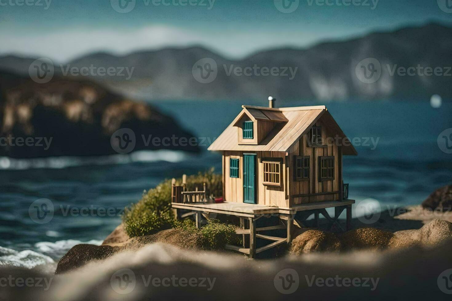 uma miniatura casa em uma Rocha perto a oceano. gerado por IA foto