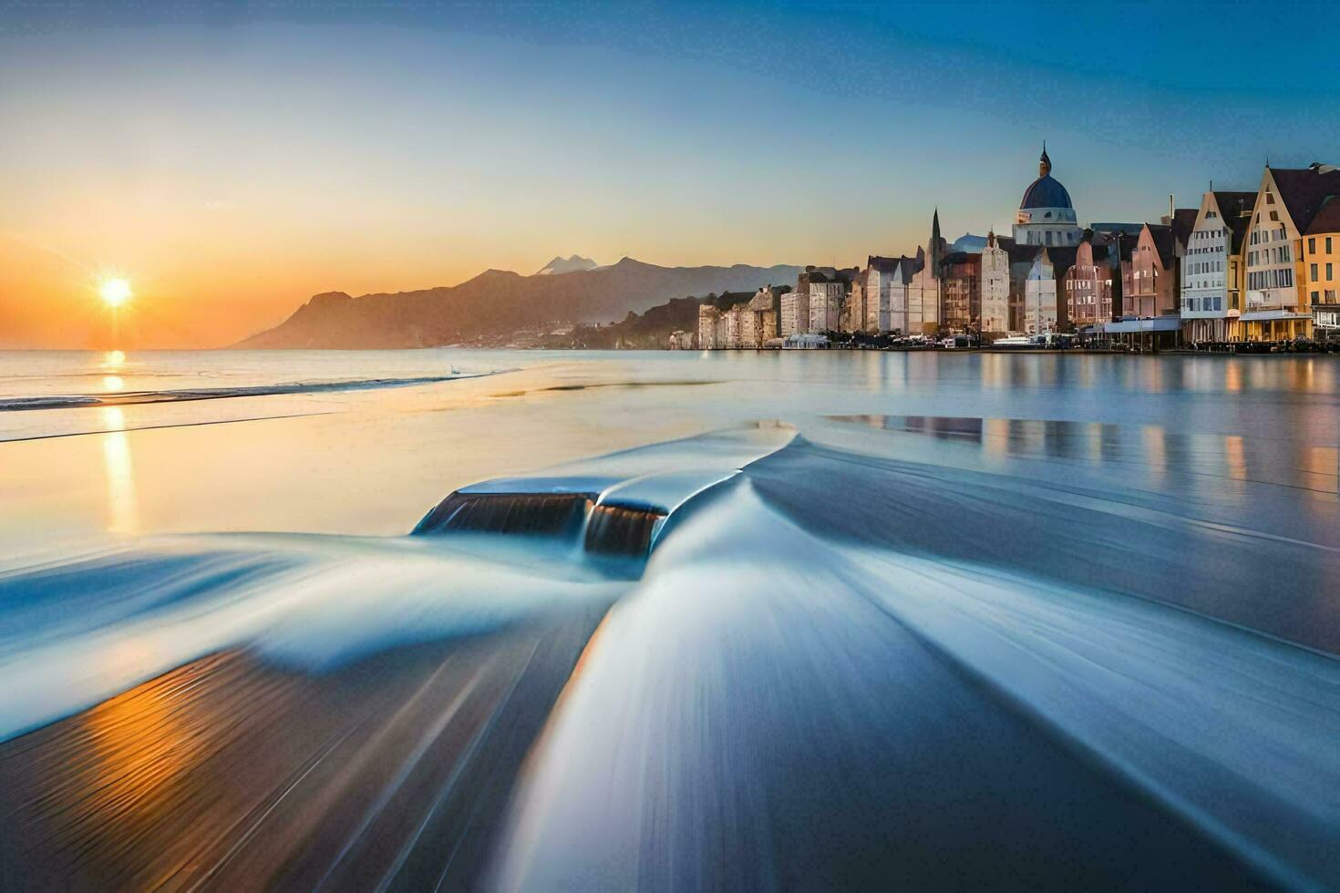 a Sol conjuntos sobre uma cidade às a de praia. gerado por IA foto