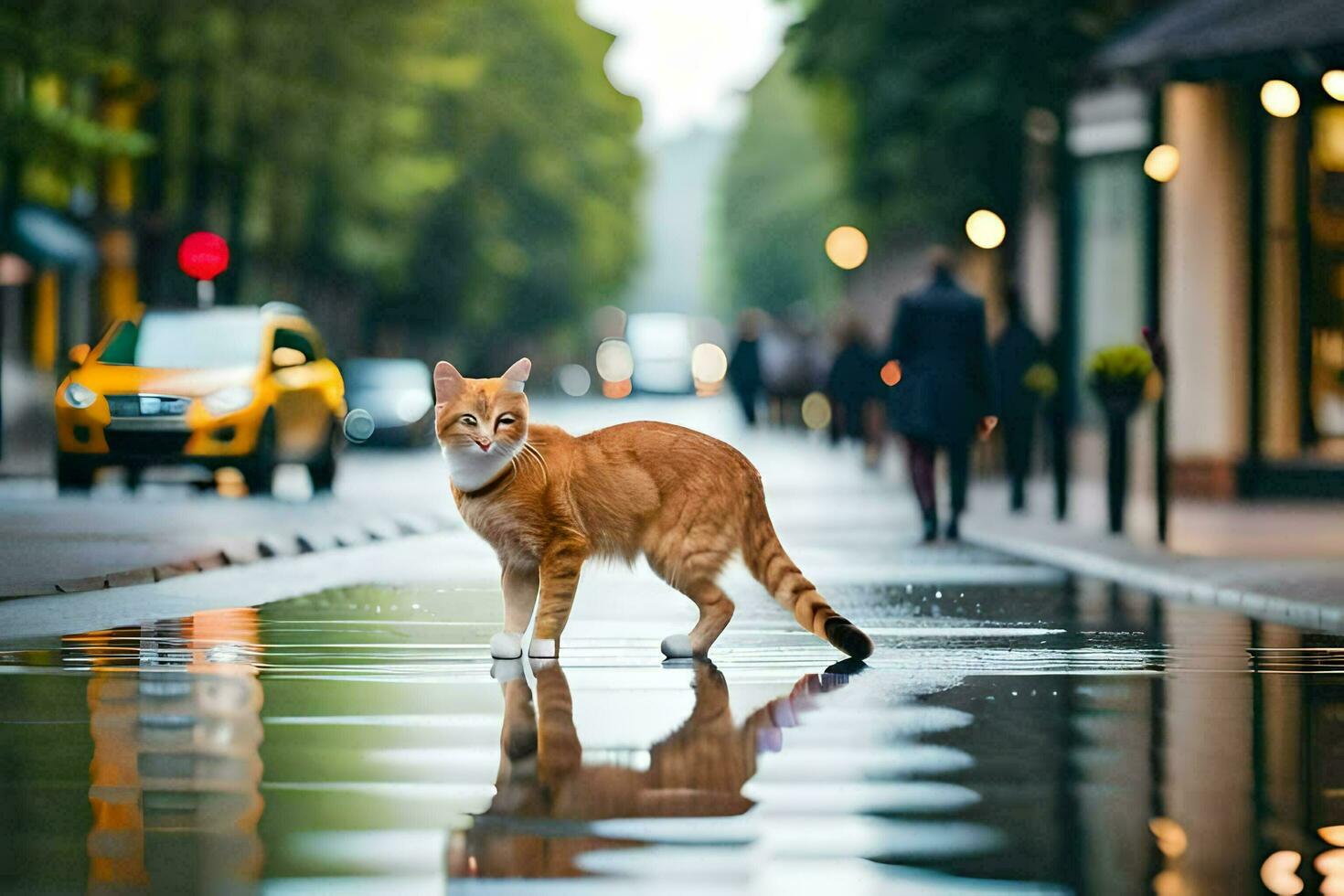 a laranja gato caminhando através uma molhado rua. gerado por IA foto