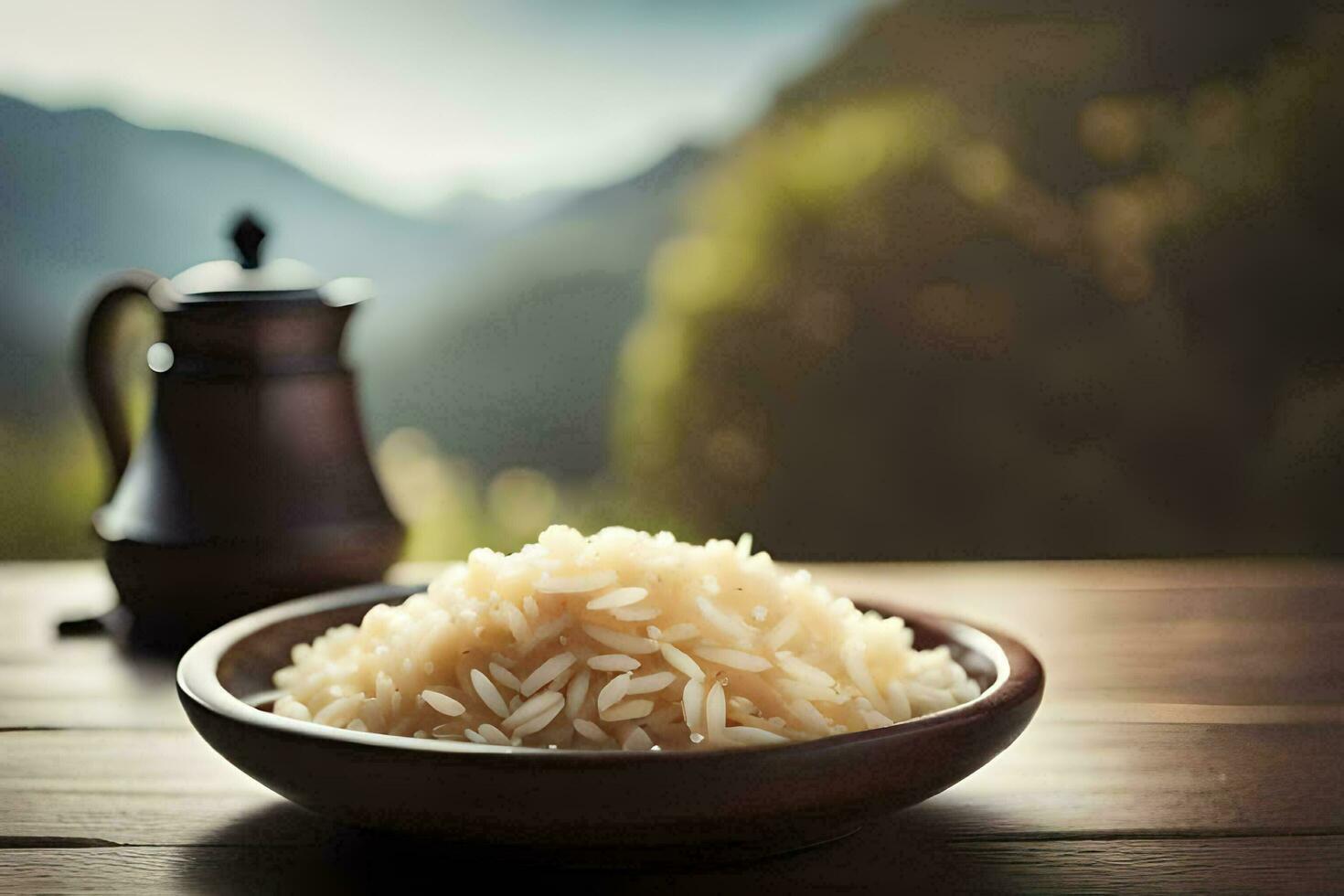 uma tigela do arroz em uma mesa dentro frente do uma montanha. gerado por IA foto