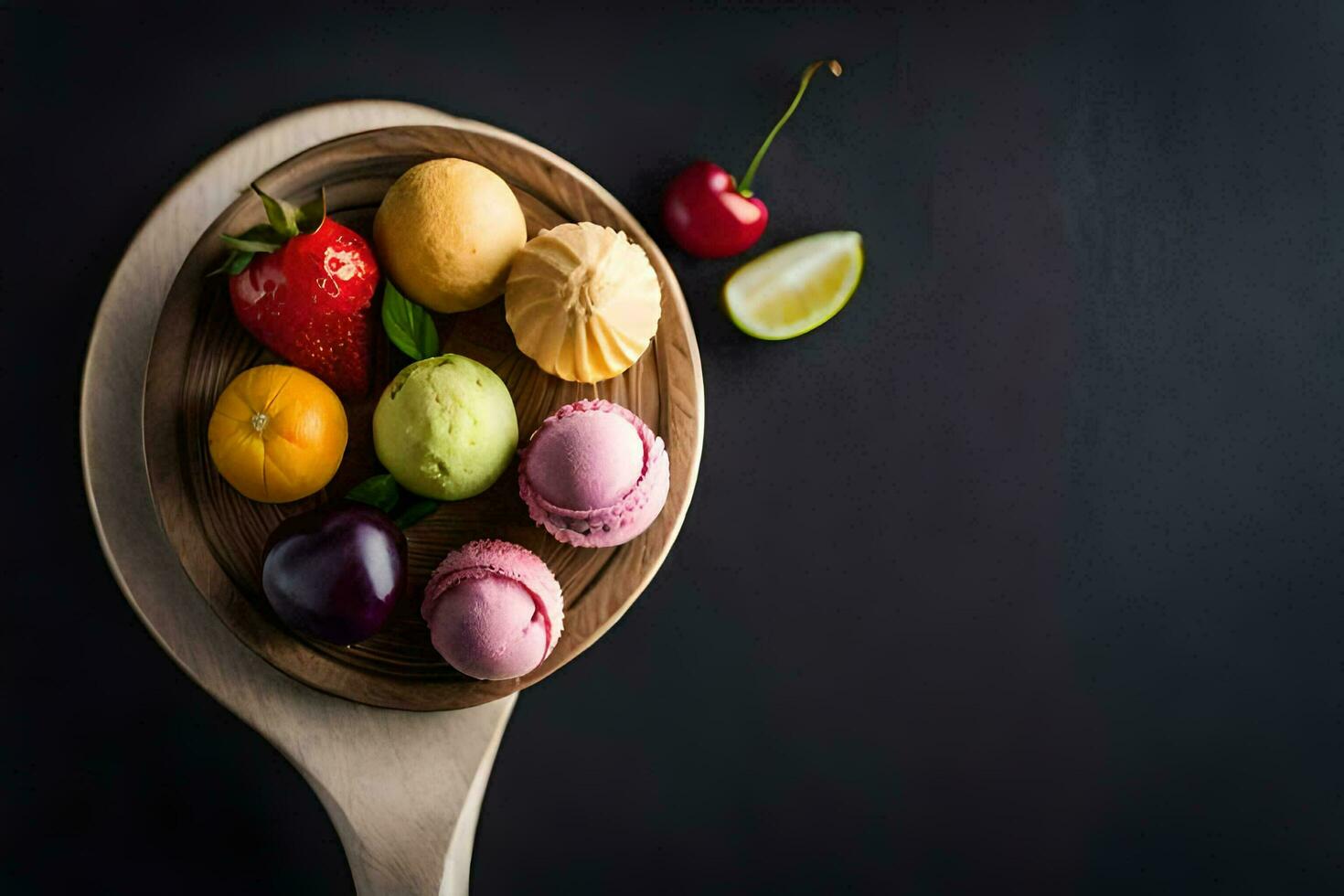 sortido macarons em uma de madeira colher. gerado por IA foto