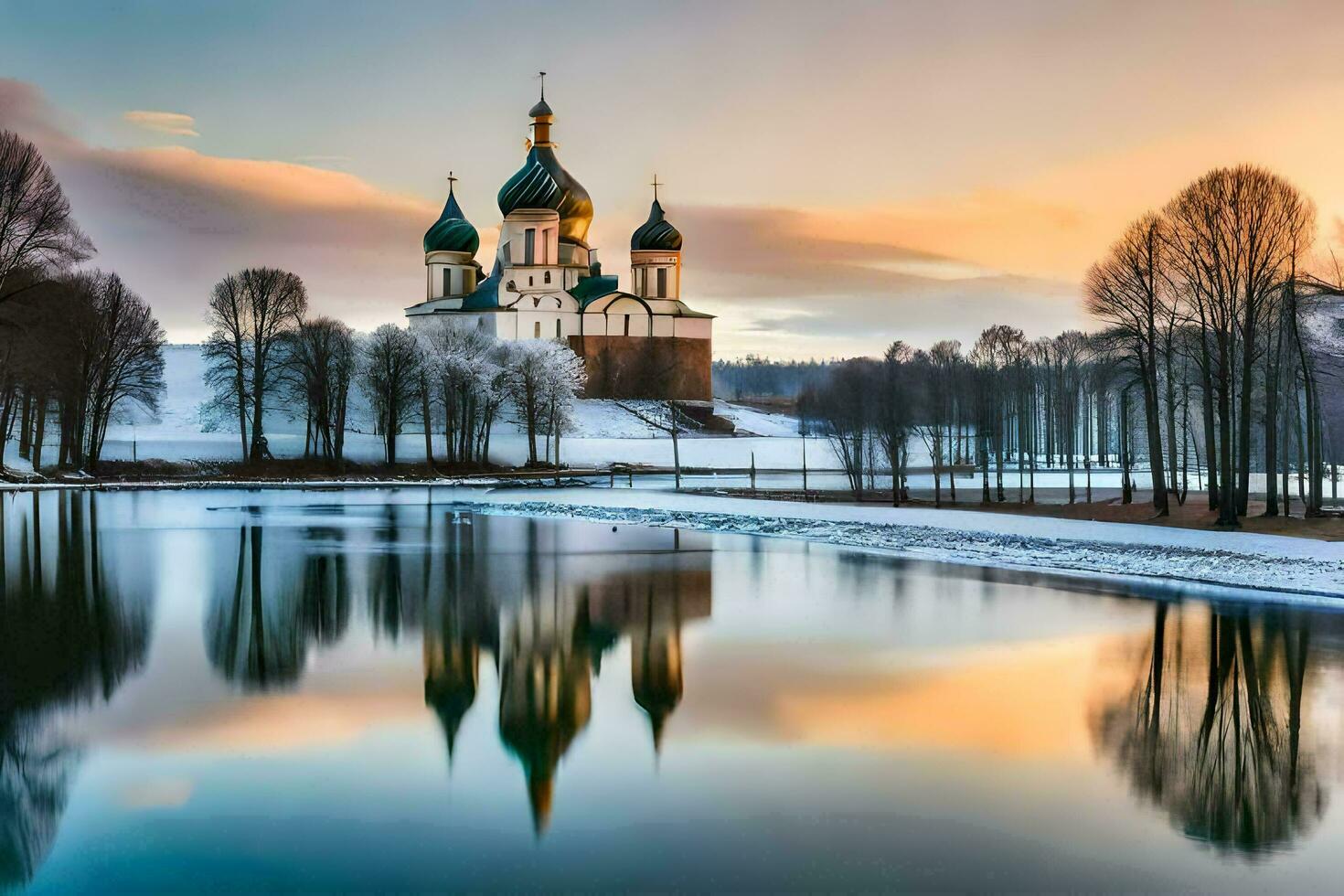 a Igreja é refletido dentro a água às pôr do sol. gerado por IA foto