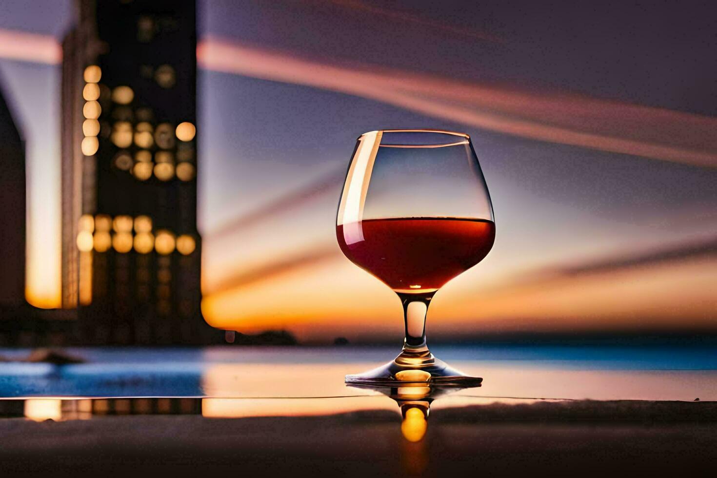 uma vidro do vinho sentado em a Beira do uma piscina com cidade Horizonte dentro a fundo. gerado por IA foto
