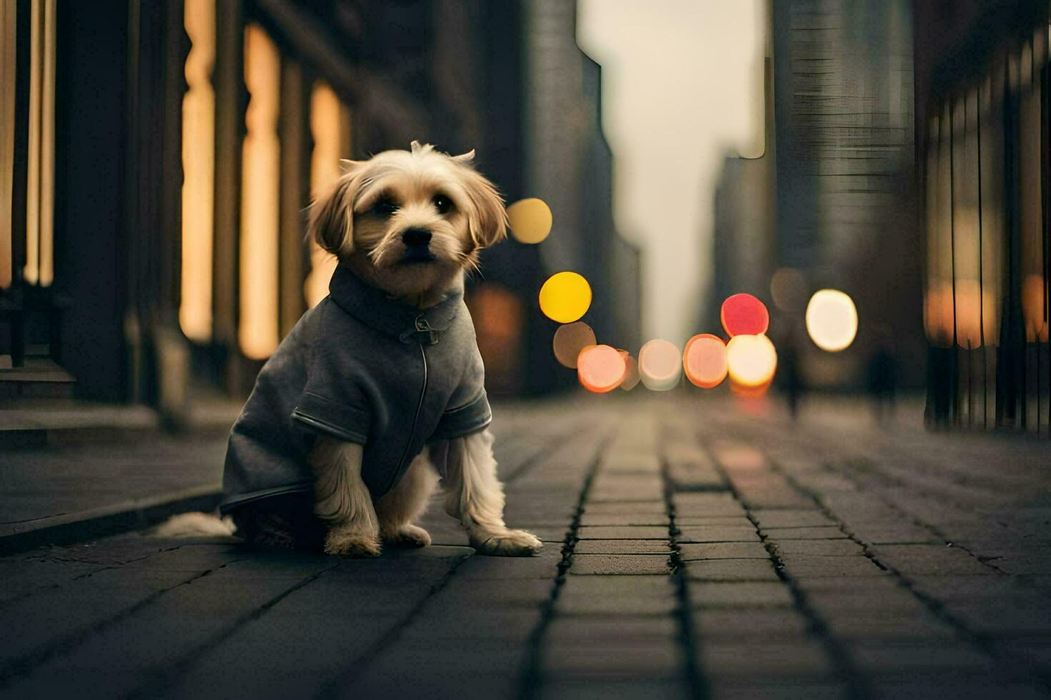 uma cachorro dentro uma suéter sentado em a rua. gerado por IA foto