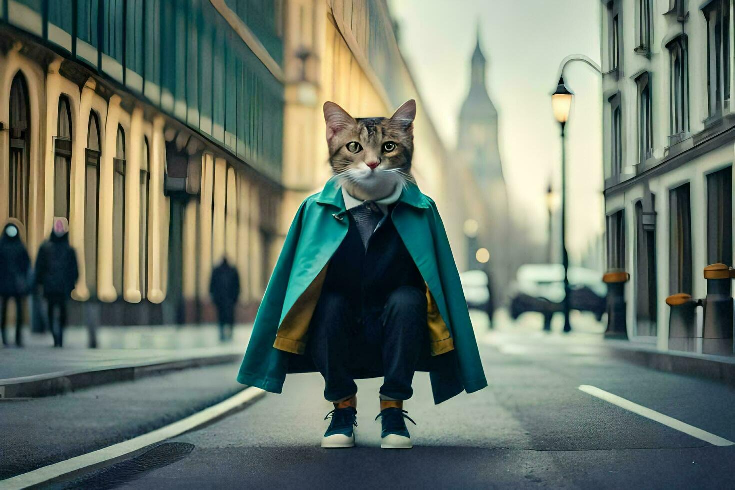 uma gato vestindo uma mascarar e casaco em a rua. gerado por IA foto