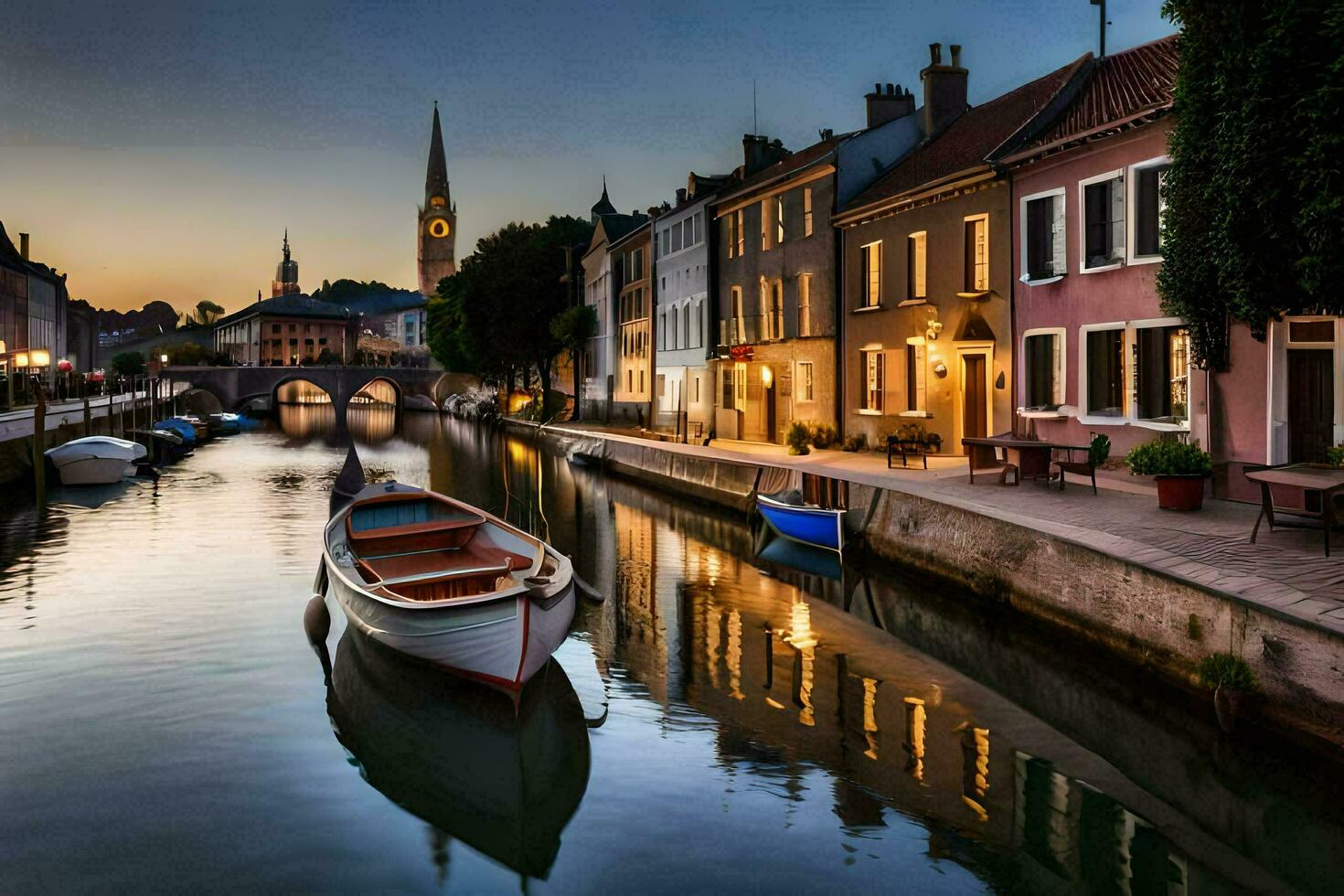 uma barco é ancorado dentro uma canal às crepúsculo. gerado por IA foto