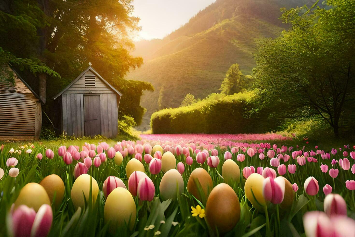 foto papel de parede campo, flores, tulipas, ovos, casa, árvores, sol, primavera,. gerado por IA