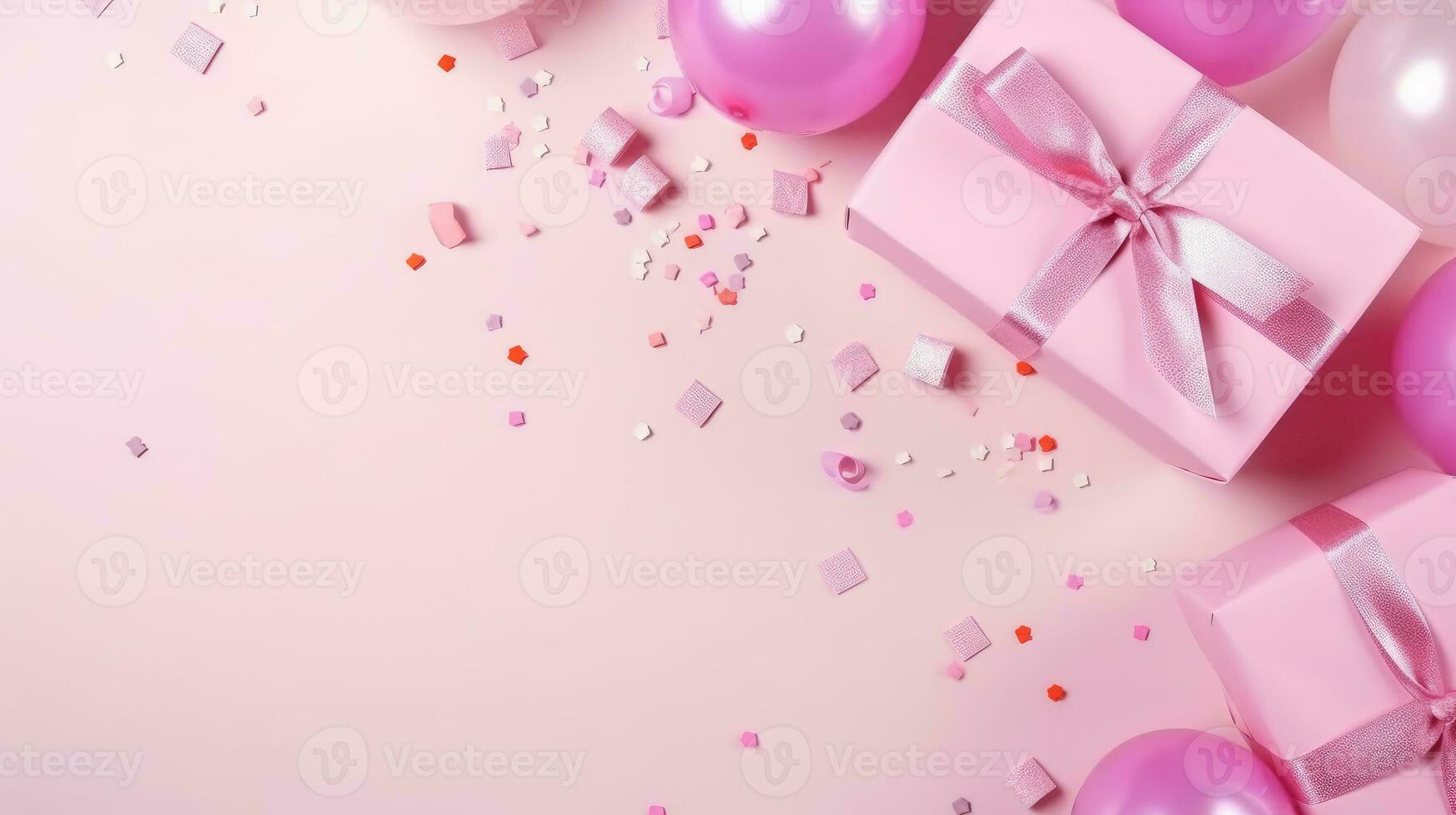 aniversário fundo, plano deitar. Rosa presente caixa, balões e confete em a mesa foto