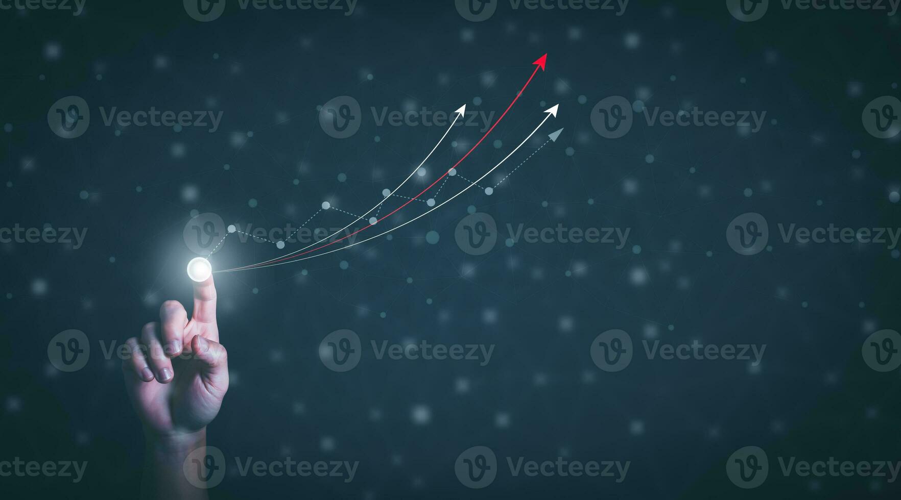 uma pessoa tocante virtual tela para pressione a começar botão, conceito gestão comece digital transformação Internet do coisas, grande dados e o negócio processos, automatizado operações, dados armazenamento foto