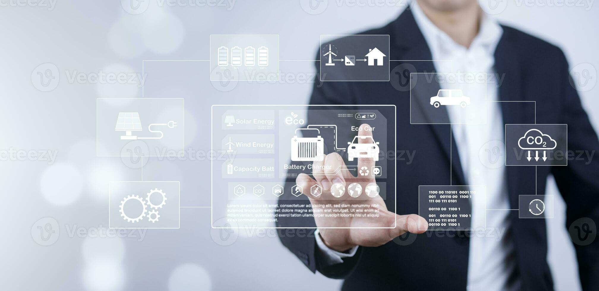 homem usando computador portátil com global rede conexão com virtual moderno reduzir co2 emissão conceito com ícones, global aquecimento emissões carbono pegada clima mudança para limite global aquecimento, energia foto