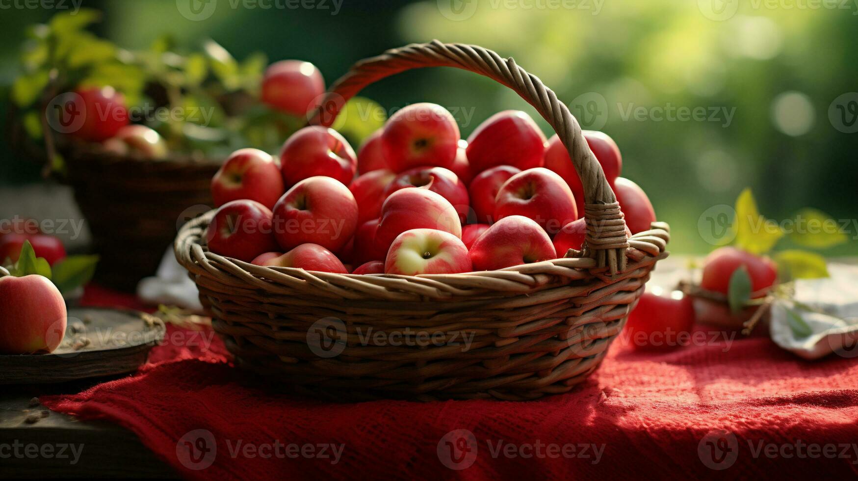 maduro vermelho maçãs dentro uma cesta em uma de madeira mesa dentro a jardim foto