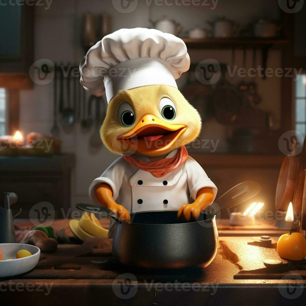 fofa Pato desenho animado personagem vestindo chefe de cozinha uniforme. cozinhando foto