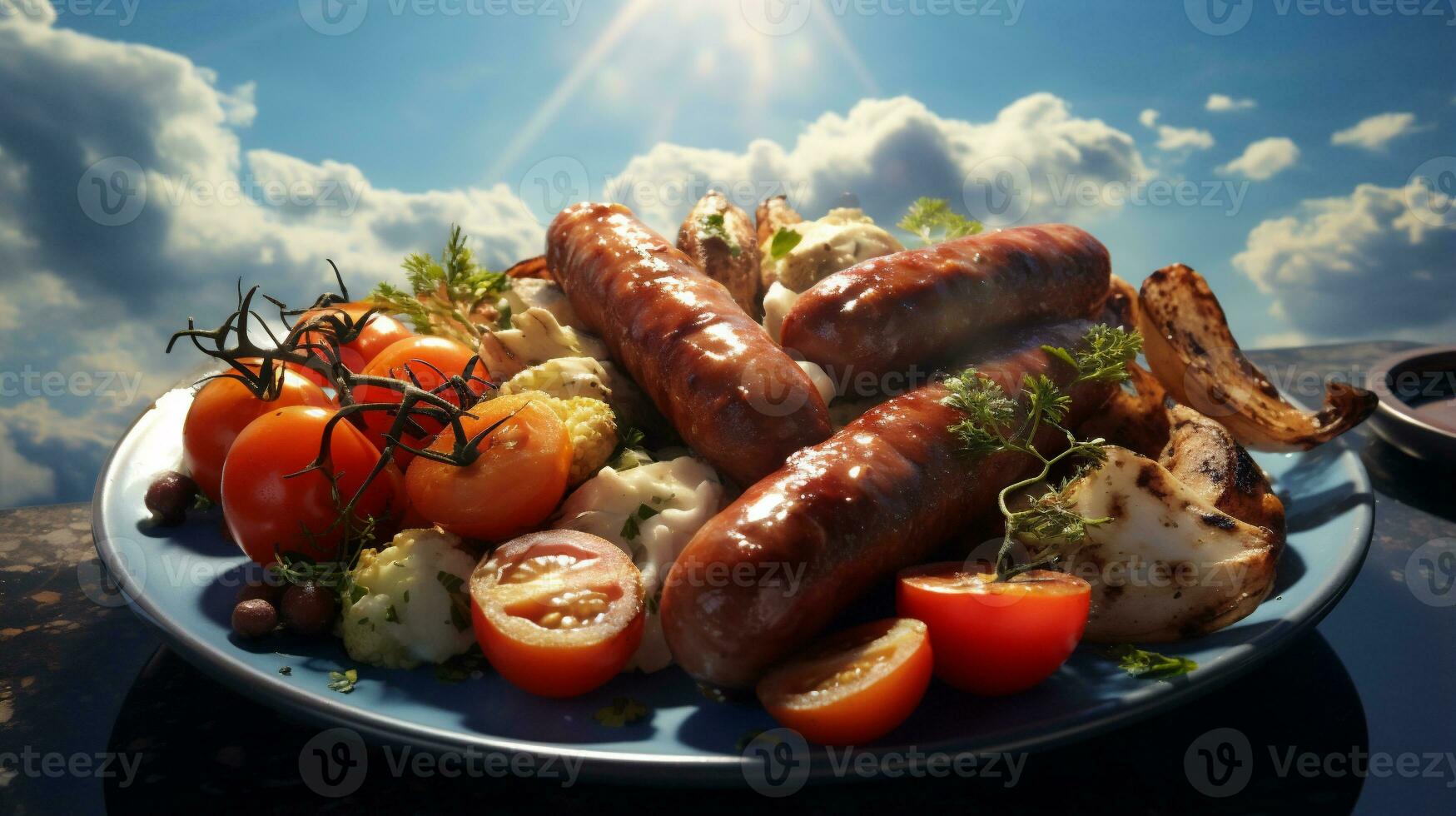 grelhado salsichas com legumes em azul prato com azul céu fundo foto