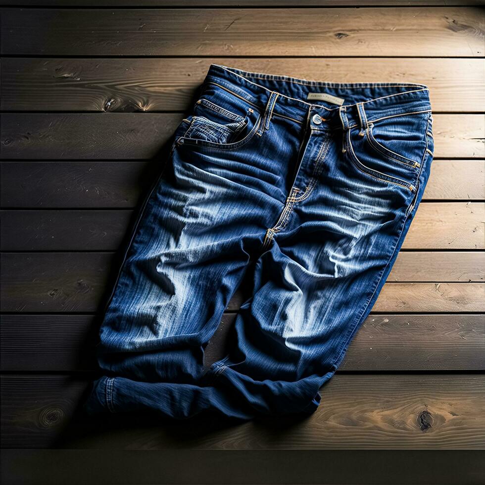azul jeans em uma de madeira mesa foto