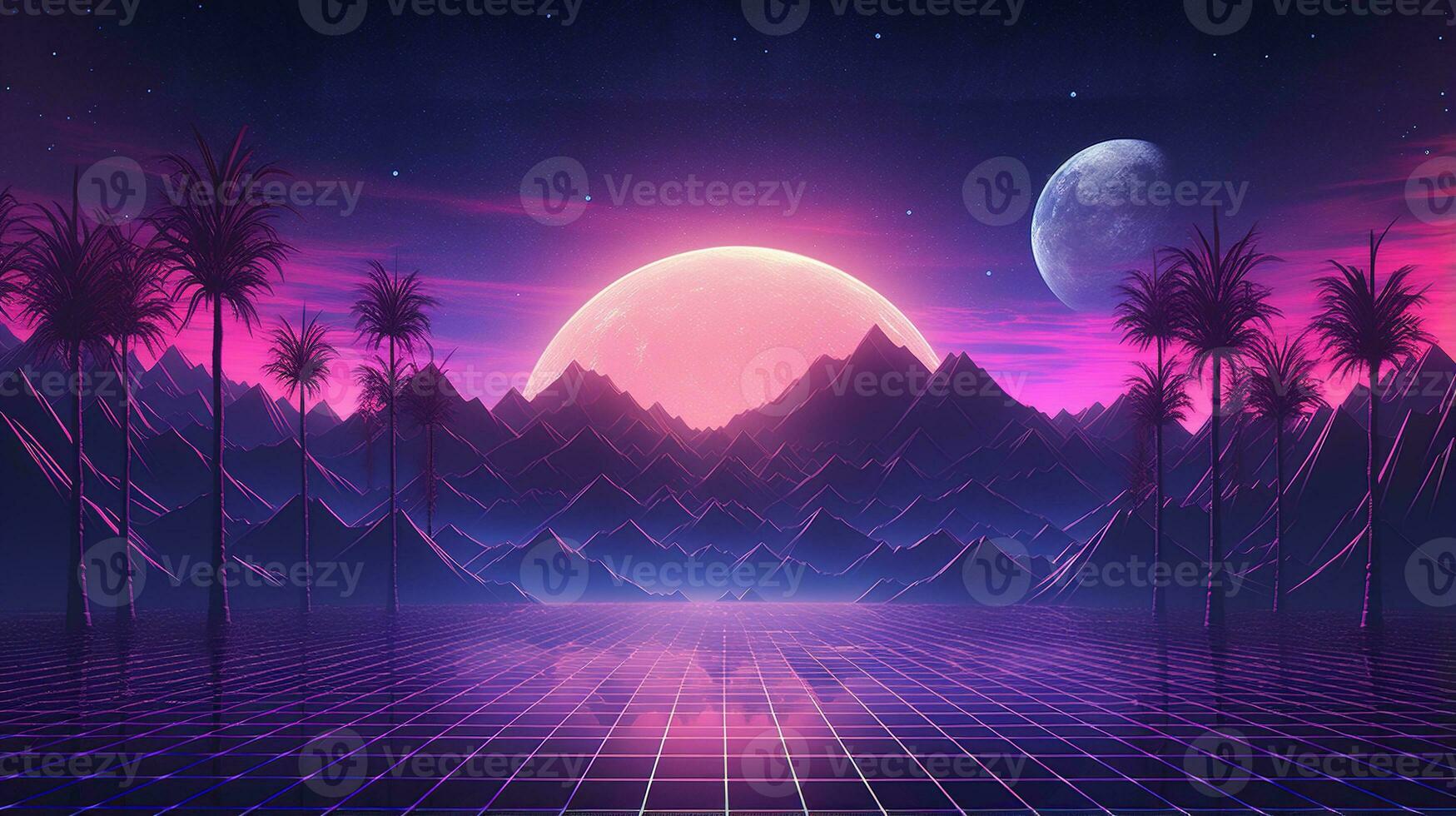 generativo ai, anos 80 retro futurista ficção científica., nostálgico anos 90. noite e pôr do sol néon cores, cyberpunk vintage ilustração. sol, montanhas e Palmeiras. retrowave vj videogame paisagem.. foto