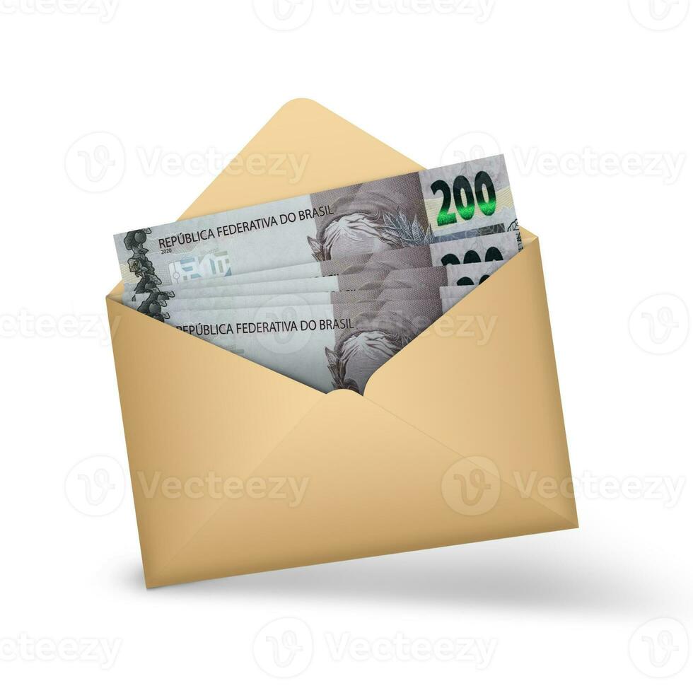 brasileiro real notas dentro a aberto Castanho envelope. 3d ilustração do dinheiro dentro a aberto envelope foto