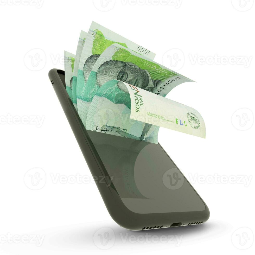 3d Renderização do colombiano peso notas dentro uma Móvel telefone. dinheiro chegando Fora do Móvel telefone foto