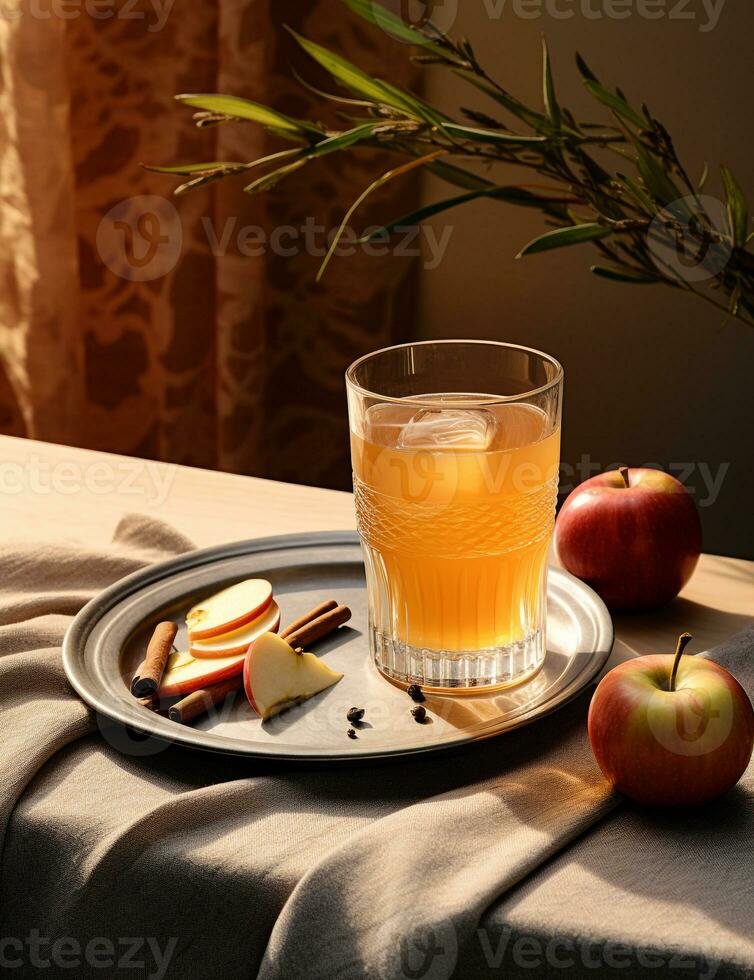 foto do alguns maçã cidra beber elegantemente banhado em uma mesa. generativo ai