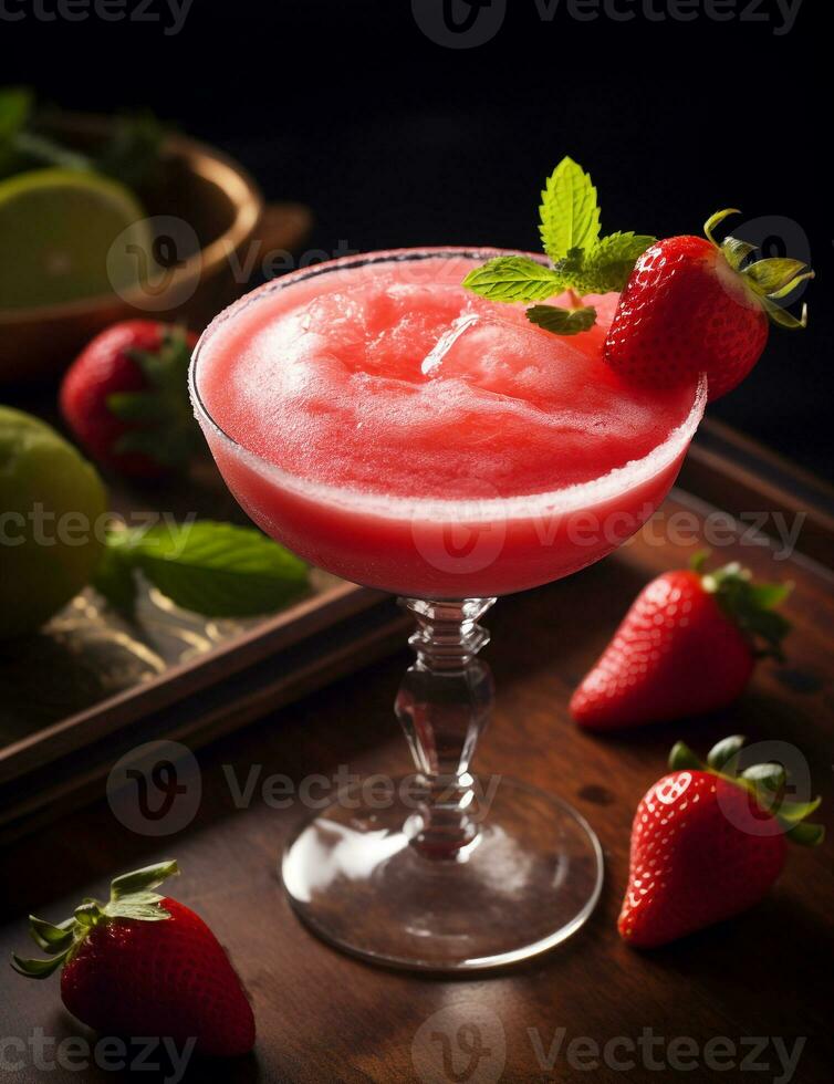 foto do alguns morango daiquiri beber elegantemente banhado em uma mesa. generativo ai