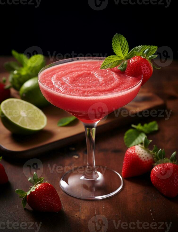 foto do alguns morango daiquiri beber elegantemente banhado em uma mesa. generativo ai