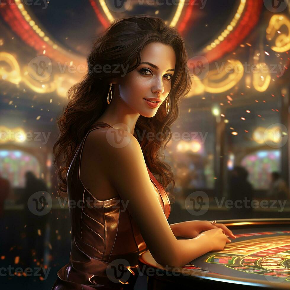 fotorrealista imagem do uma lindo, luxo menina dentro uma casino. jogos de azar com roleta e cartões. ai gerado foto