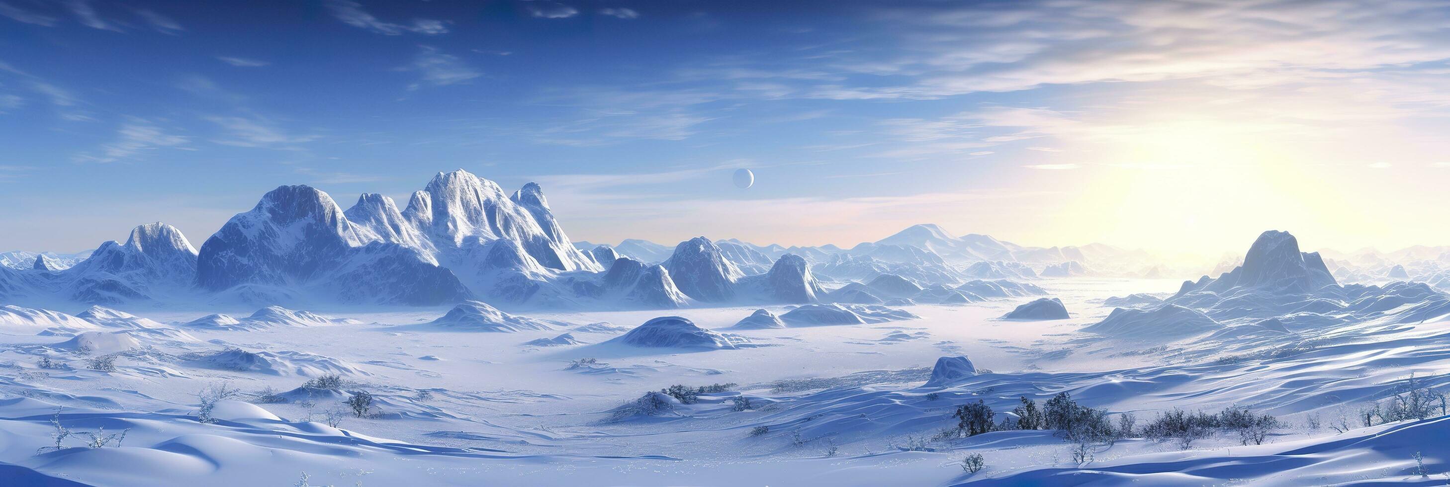 grande desolado neve terra, grande montanhas dentro a fundo, queda de neve com luz azul céu e luz azul cores, pacífico atmosfera, ai generativo foto