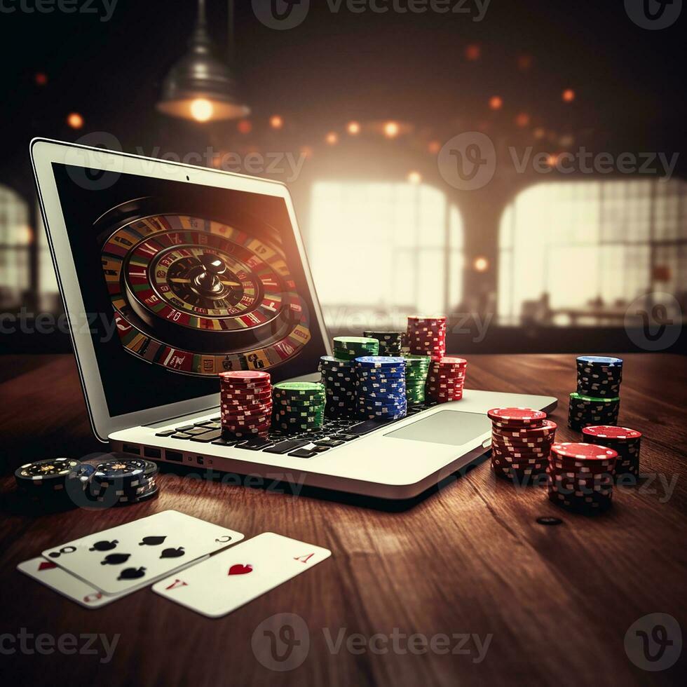 cassino on-line. computador portátil com roleta salgadinhos e jogando cartões. jogos de azar em a Internet. ai gerado foto