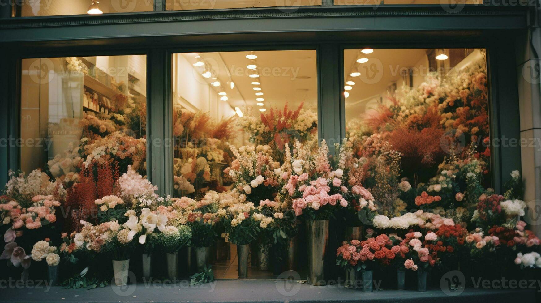 generativo ai, rua floral fazer compras com colorida flores, estético silenciado cores foto