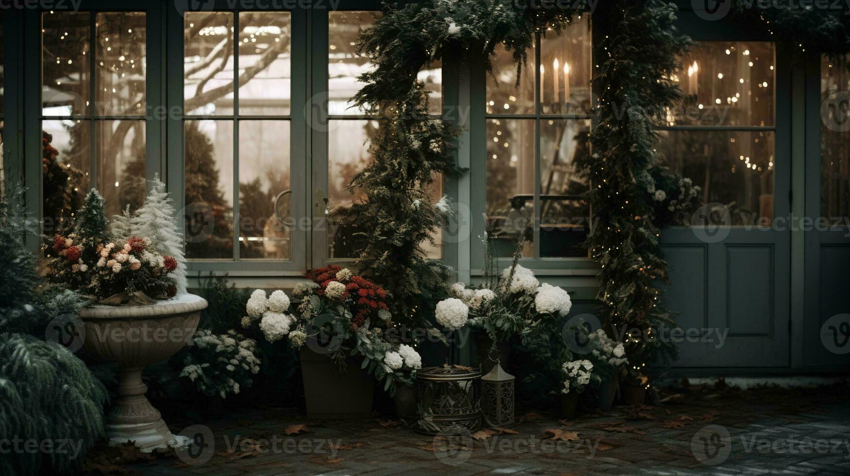 generativo ai, jardim dentro inverno e Natal casa decoração, silenciado cores, feriado fotorrealista estético fundo foto