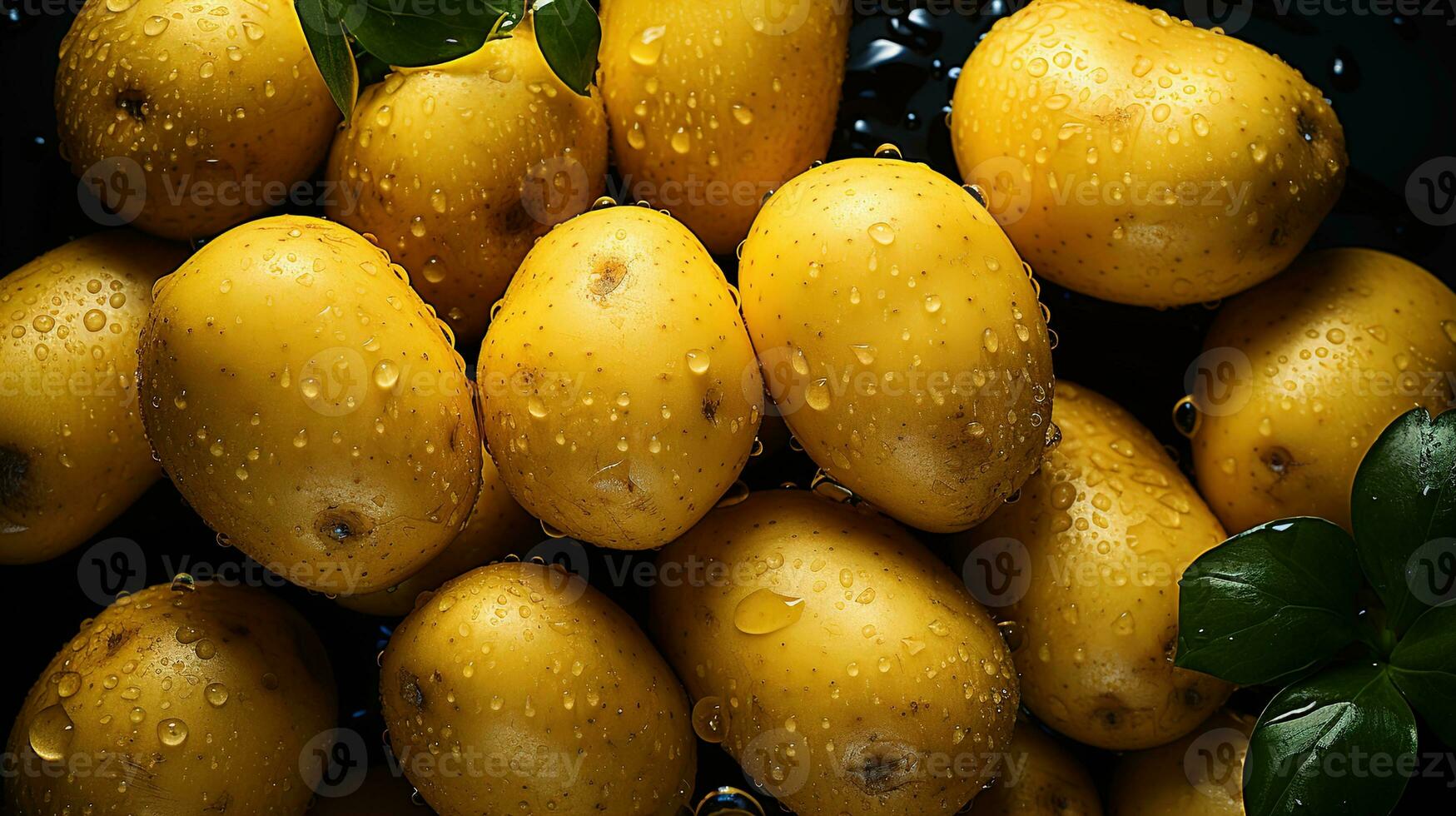 rústico da fazenda à mesa estética, Careca Visão desatado fundo do recentemente colhido batatas com brilhante água gotas em seus fresco da fazenda batatas, ai generativo foto