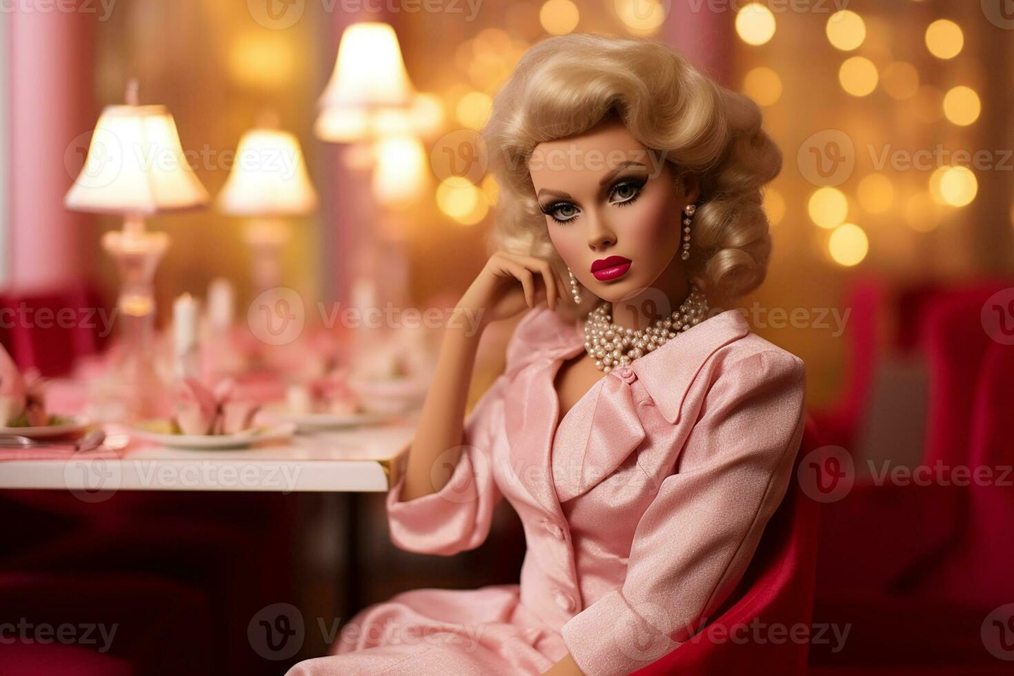 fofa boneca Loiras menina às uma mesa dentro uma restaurante com uma Rosa interior, generativo ai foto