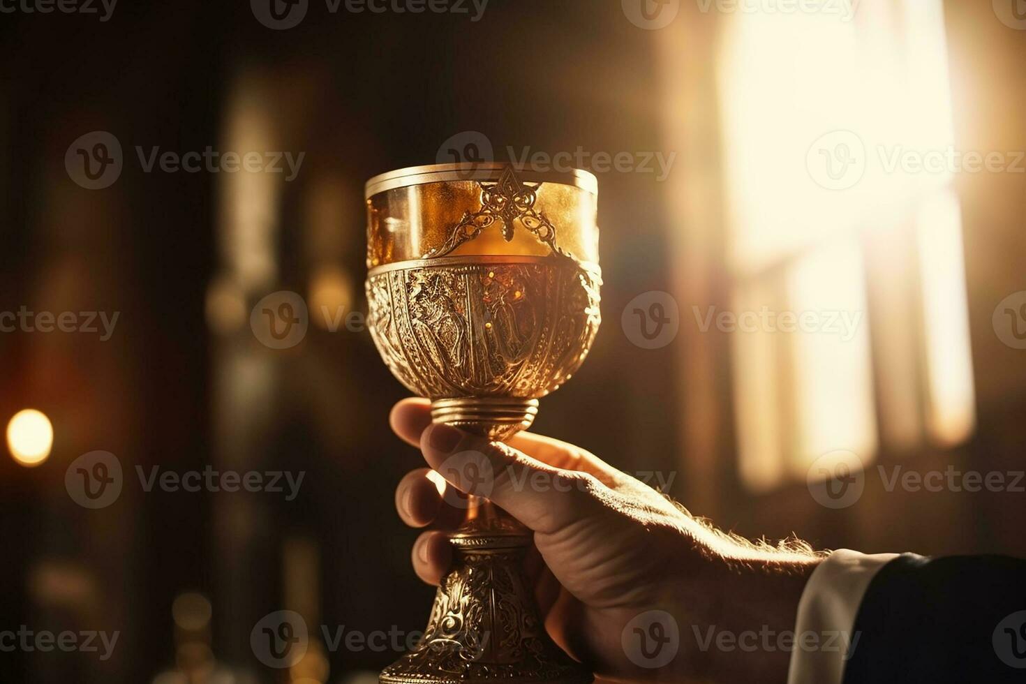 mãos do a papa célebre a Eucaristia com corpo e sangue do Cristo. generativo ai foto