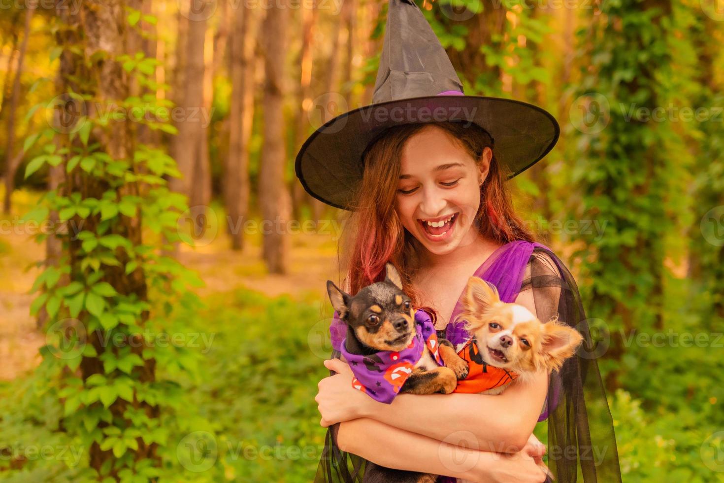 jovem com fantasia de halloween segurando dois chihuahua foto