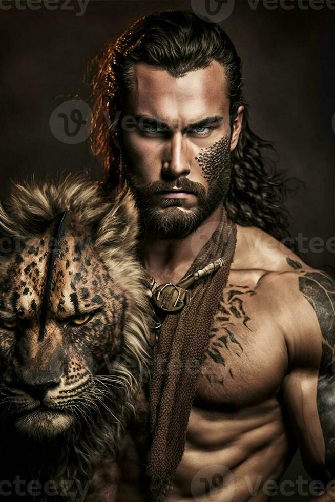 retrato do uma viking Guerreiro com leopardo, generativo ai foto