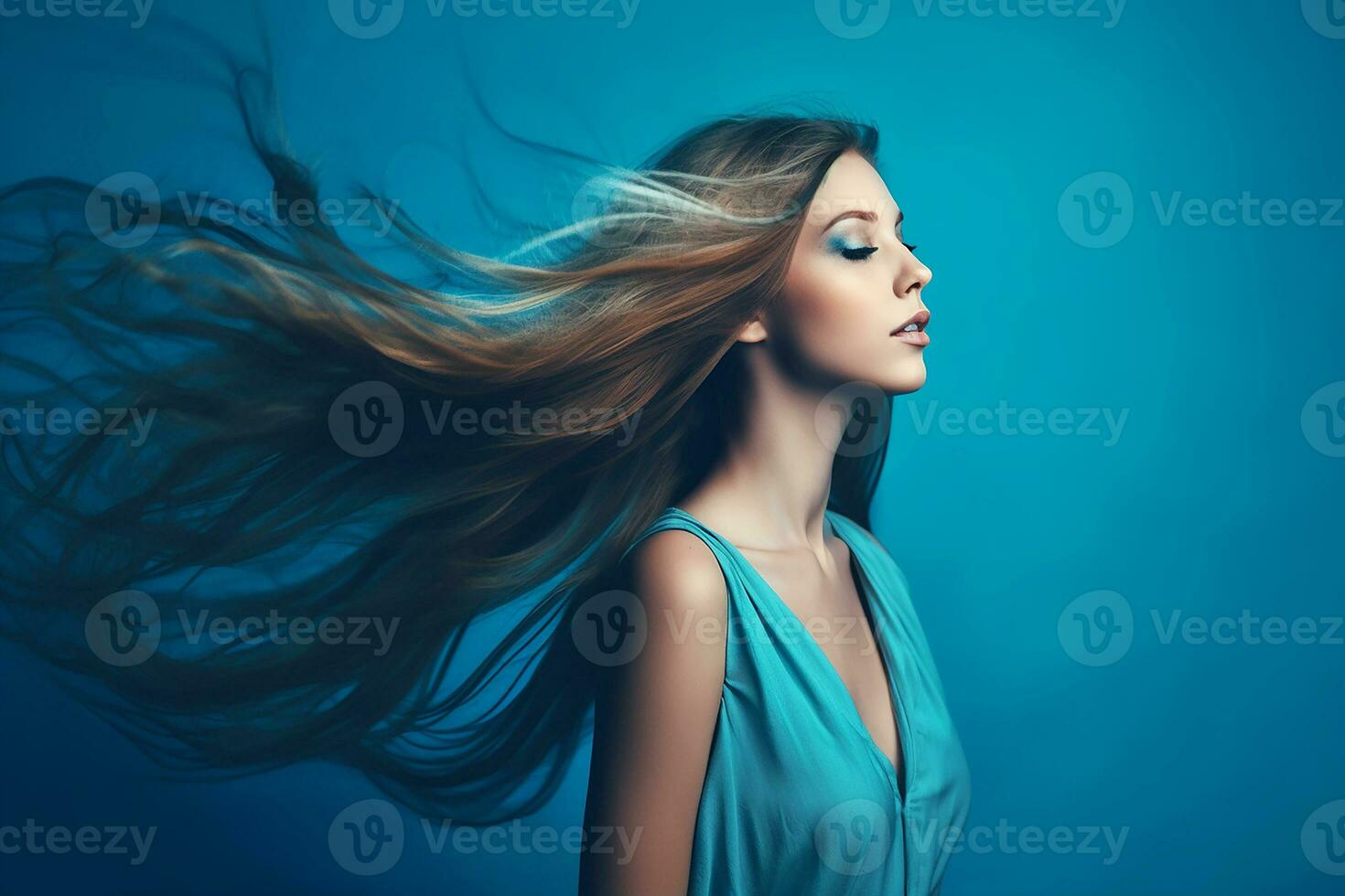 retrato do jovem sensual mulher com vento dentro grandes cabelo em azul estúdio fundo, generativo ai foto