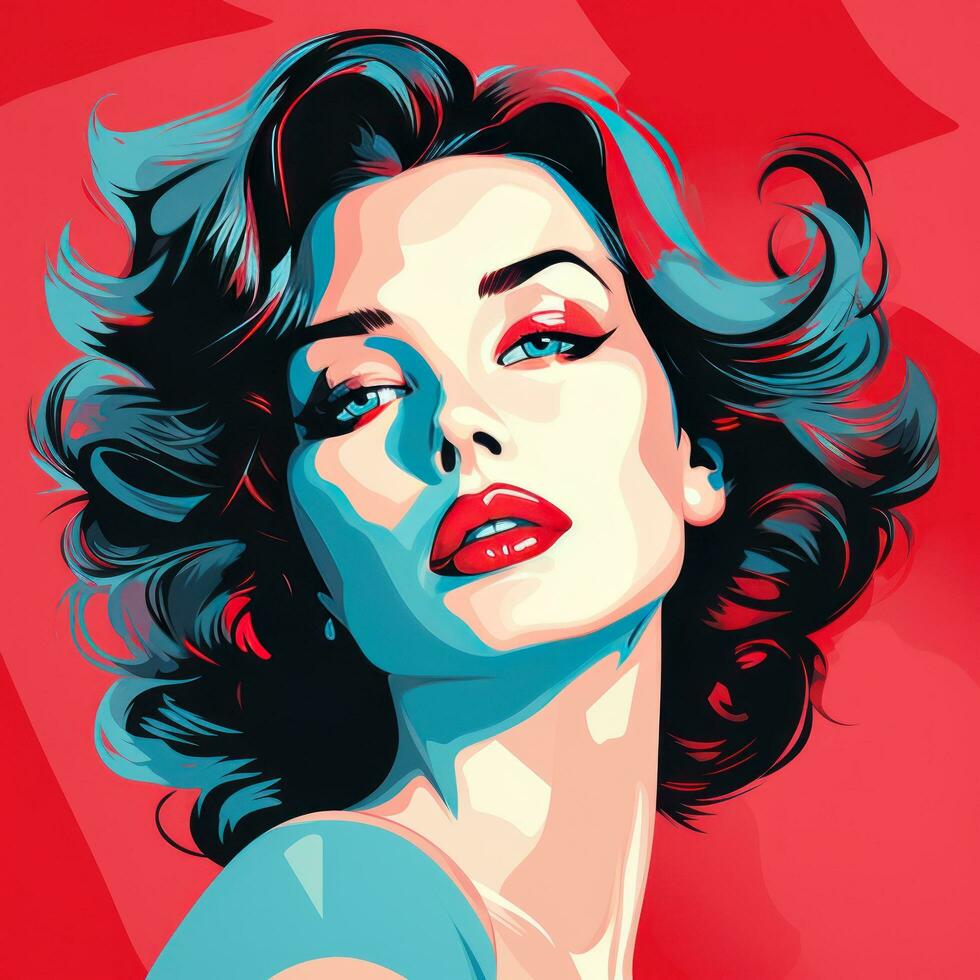 foto od lindo mulher com vermelho lábios em vívido fundo dentro pop arte estilo