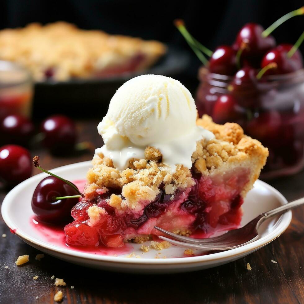 cereja torta com migalha cobertura estourando com suculento fruta foto