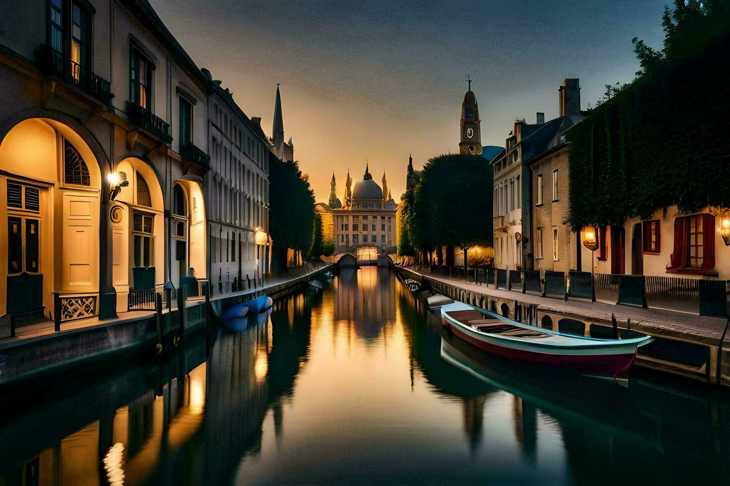 uma barco é em uma canal às pôr do sol dentro uma cidade. gerado por IA foto