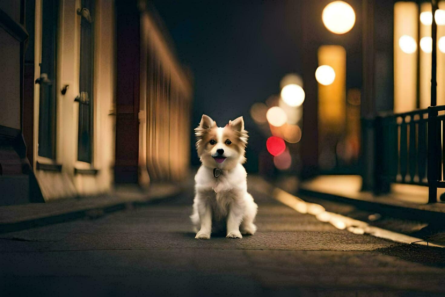 uma cachorro sentado em a rua às noite. gerado por IA foto