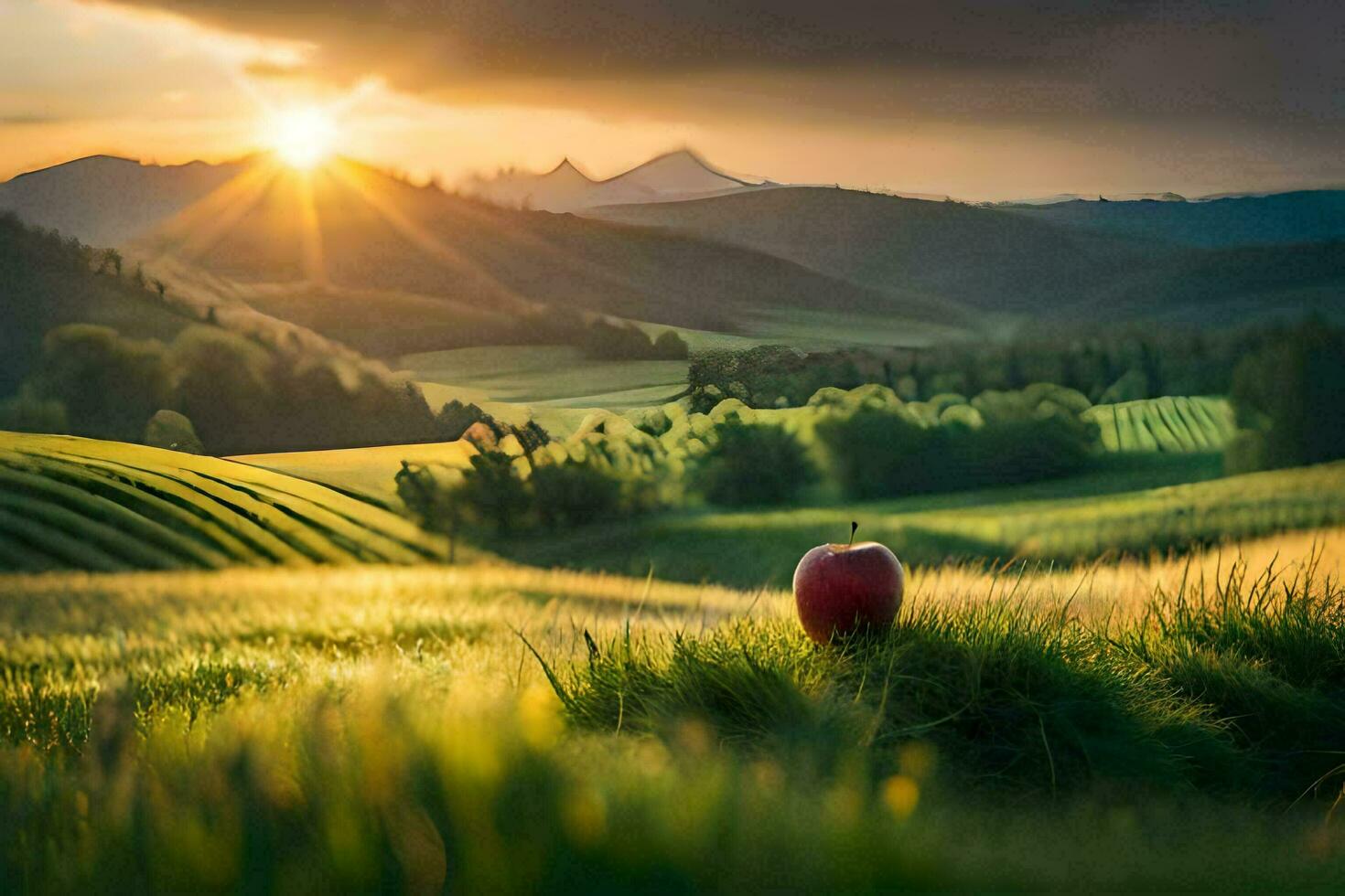 a maçã, paisagem, pôr do sol, panorama fotografia, natureza, hd papel de parede. gerado por IA foto