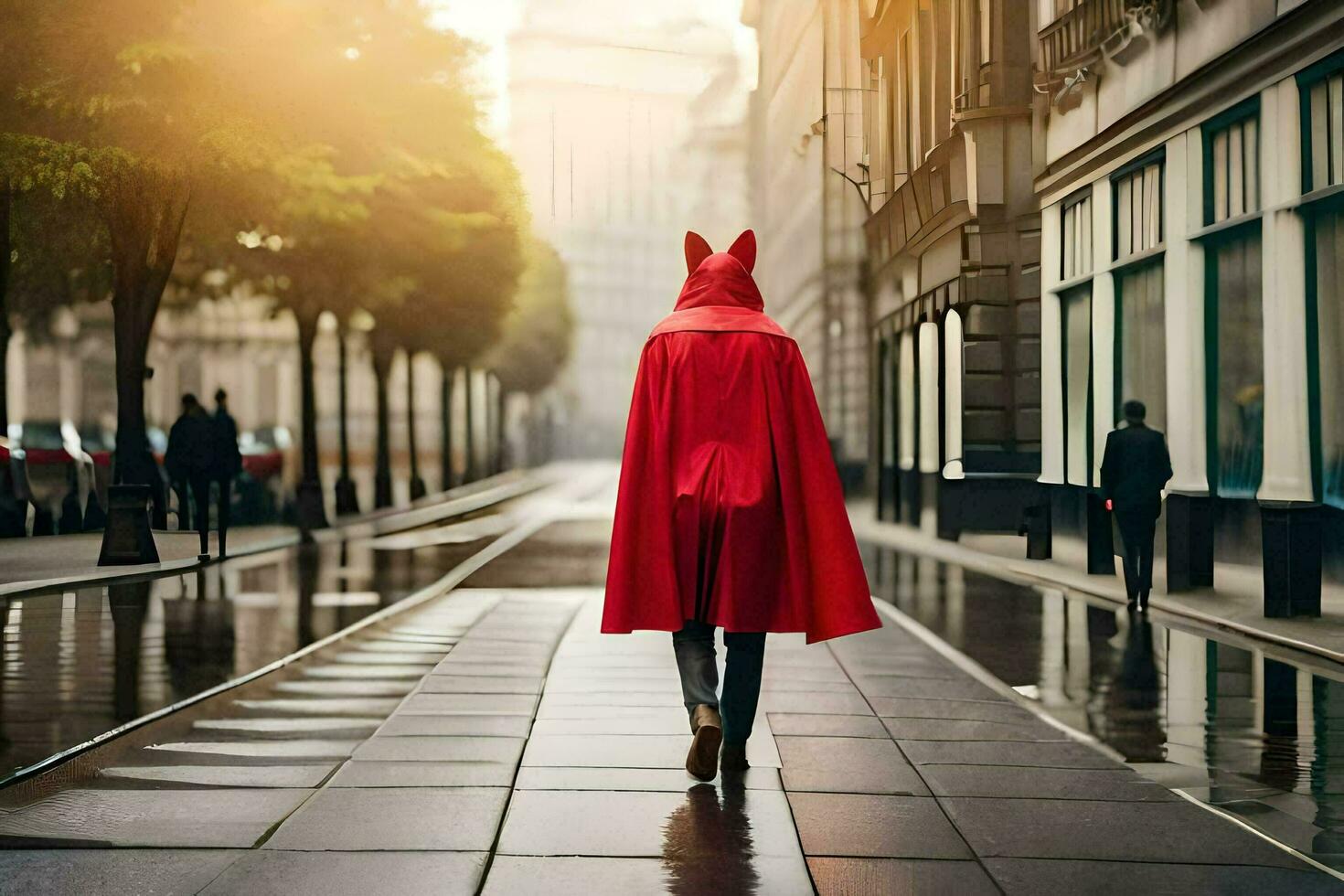 uma pessoa vestindo uma vermelho capa anda em baixa uma rua. gerado por IA foto