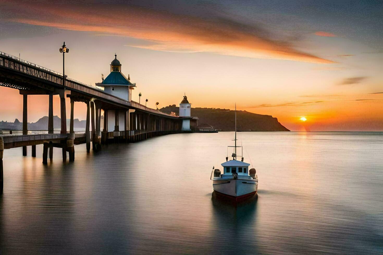 uma barco é ancorado às a cais às pôr do sol. gerado por IA foto