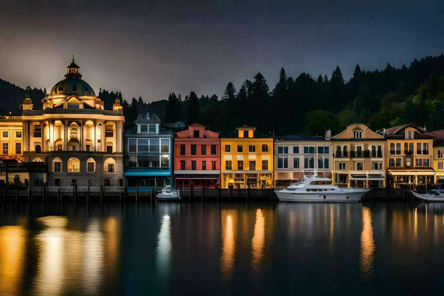 uma cidade às noite com barcos ancorado dentro a água. gerado por IA foto