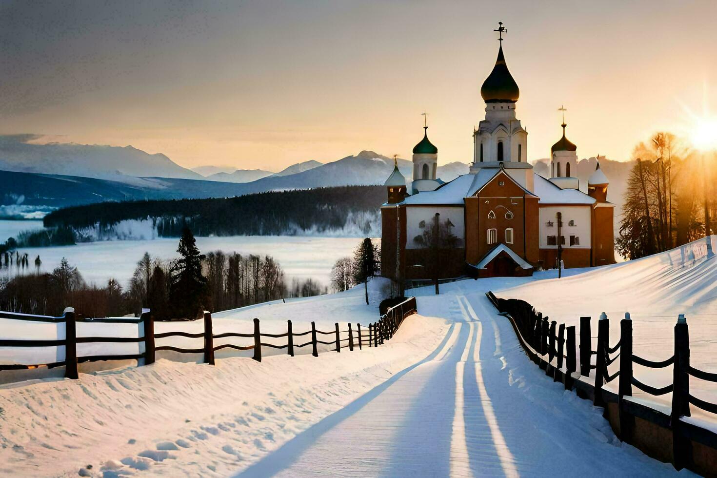 uma Igreja dentro a neve com uma cerca e uma estrada. gerado por IA foto