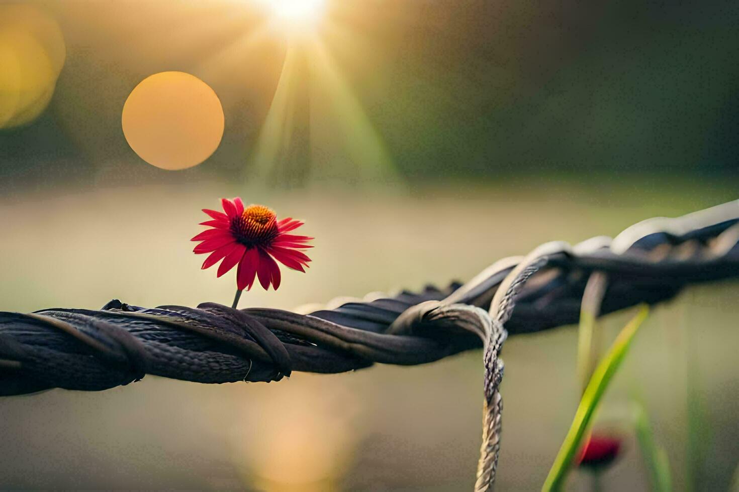 uma vermelho flor senta em uma fio cerca. gerado por IA foto