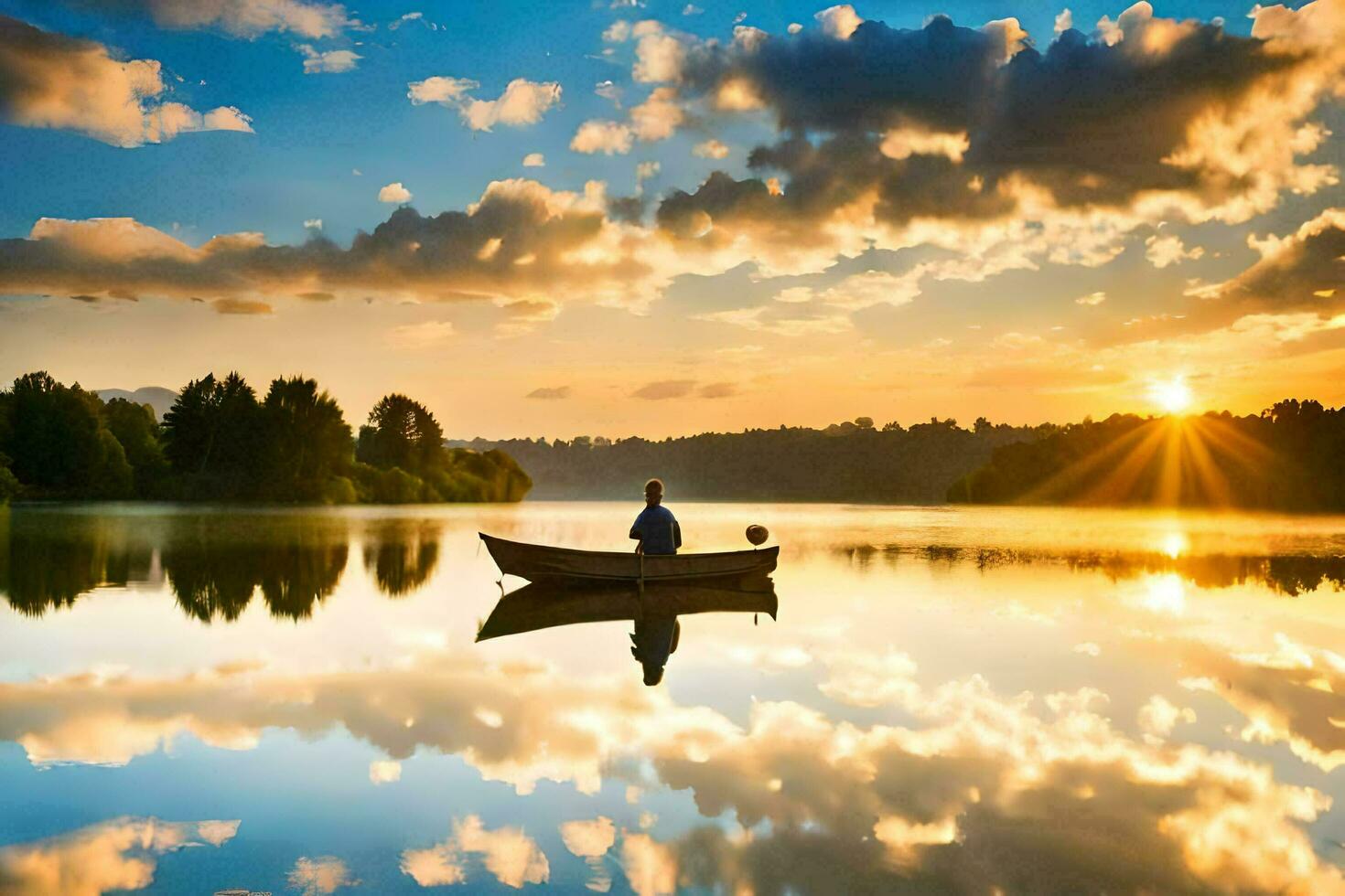 uma homem dentro uma barco em uma lago às pôr do sol. gerado por IA foto